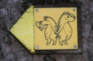 Pfeilförmiges Schild mit zwei skizzierten Wildschweinen