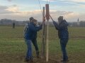 Männer rammen einen Holzpfahl in den Boden