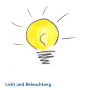 Grafische Darstellung einer Glühbirne, darunter Schriftzug "Licht und Beleuchtung"