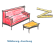 Grafische Darstellung von Möbel und Zollstock, darunter Schriftzug "Möblierung, Anordnung"