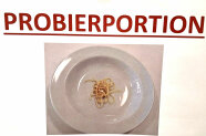 Zettel mit Aufdruck Probierportion und Foto eines Tellers