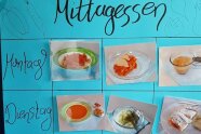 Plakat mit Überschrift Mittagessen, darunter 6 aufgeklebte Fotos mit Speisen