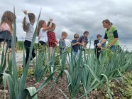 Erlebnisbäuerin Pflügler steht mit einer Schulklasse im Gemüsefeld