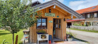 Holzhütte, daneben Baum